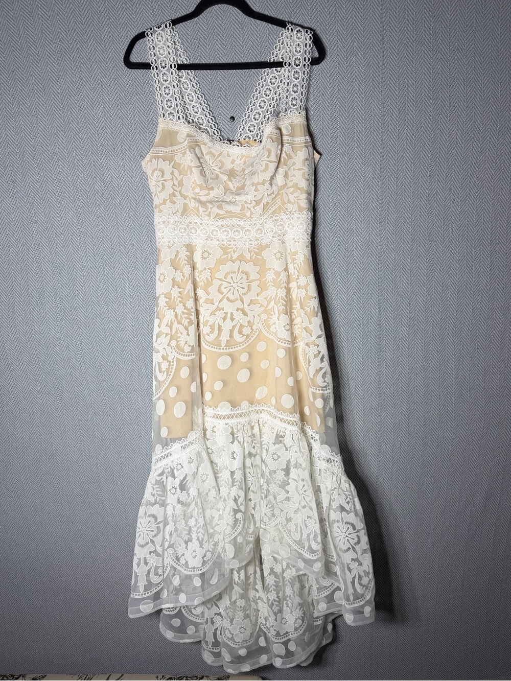 Bronx and Banco Cream and Beige Lace Maxi Dress